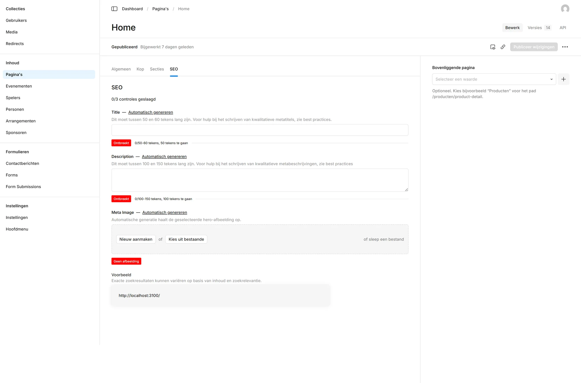 Het SEO tabblad met titel, omschrijving en afbeelding