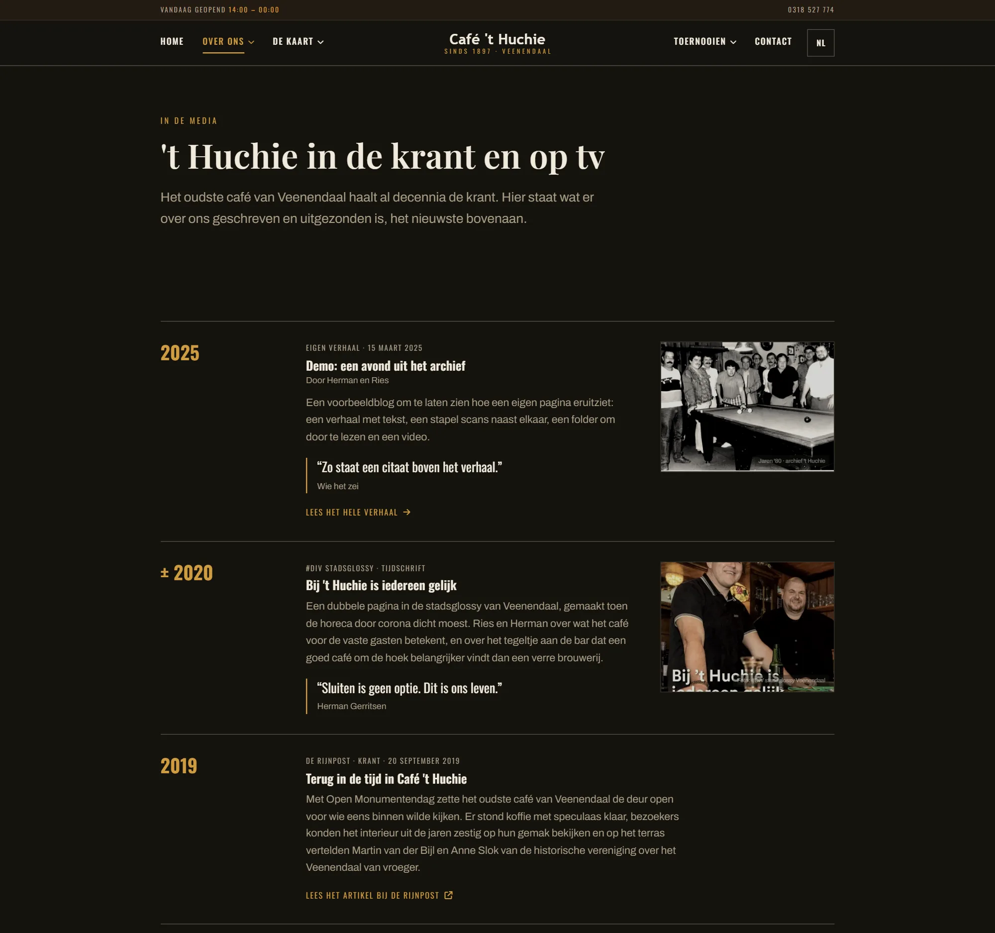 De pagina Huchie in de media op de website