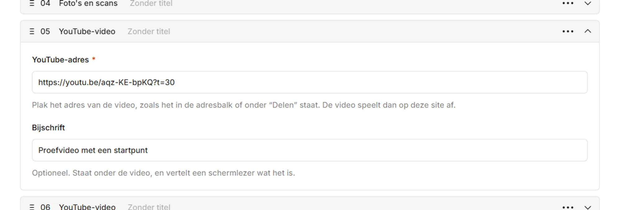 Het onderdeel YouTube-video in het beheerscherm